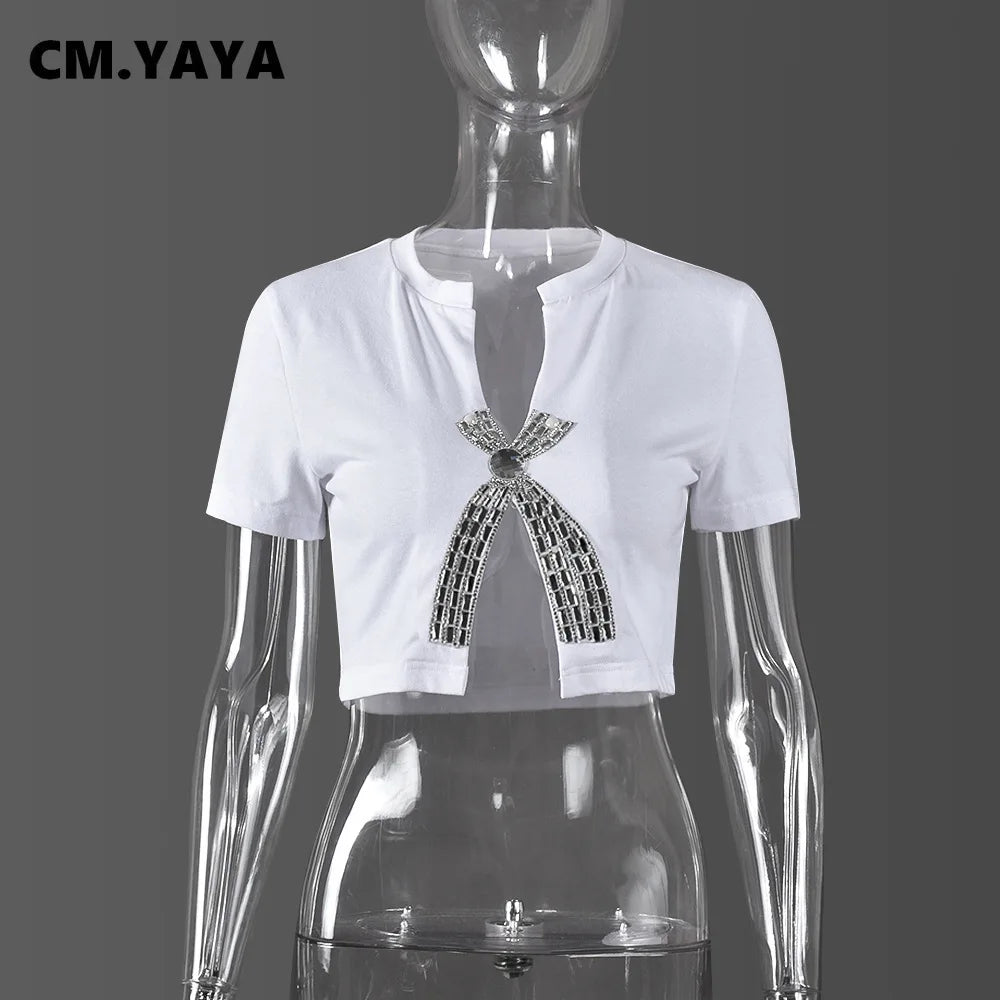 CM.YAYA Women Fashion Diamonds Hot Rhinestones Bowknot Short Sleeve T-shirt Streetwear Elastic INS Tee Tops