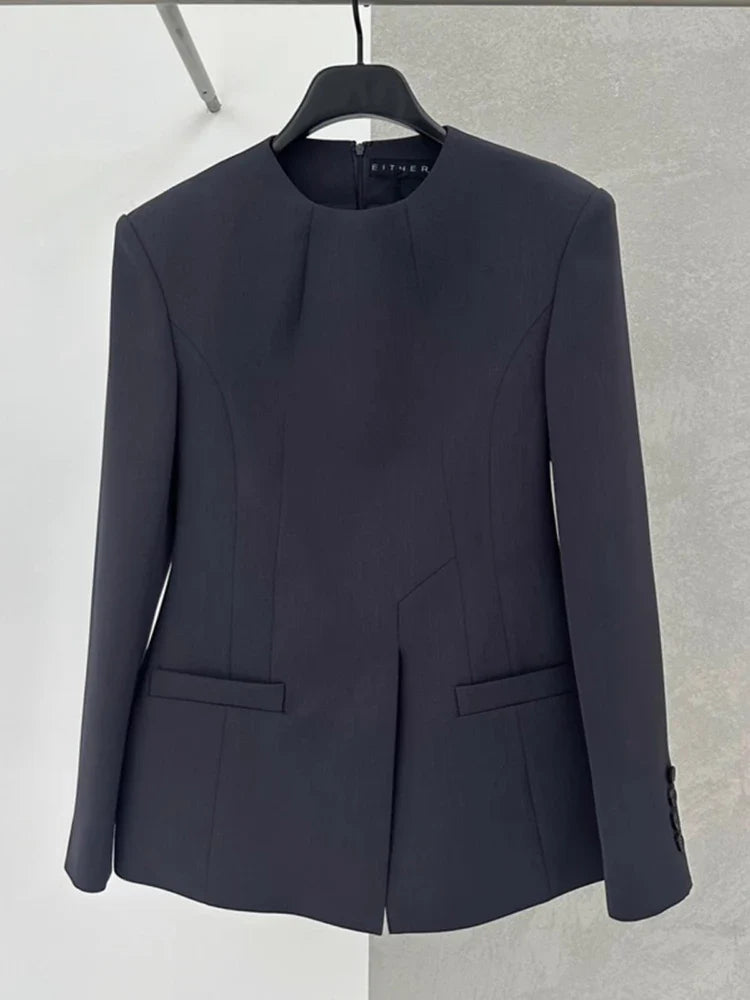 LANMREM Chic Blazer Coat For Women Long Sleeves Round Collar Irregular Fashion Office Lady Clothing Summer New 2DA5301 Dark Gray