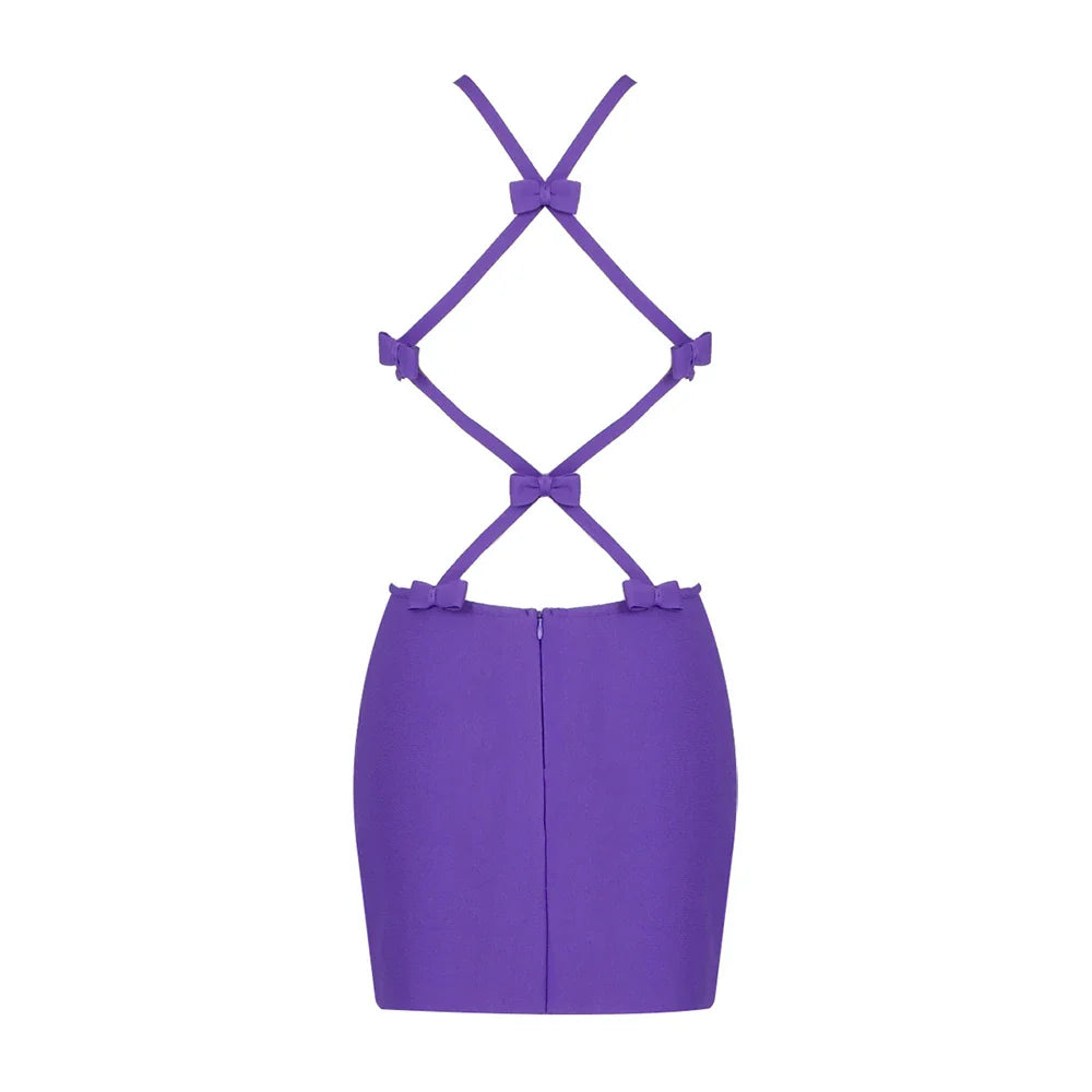 Rose Red Color Women Sexy Bodycon Mini Dress Rayon Bandage Halter Nightclub Party Dress Celebrity Birthday Party Dress PURPLE