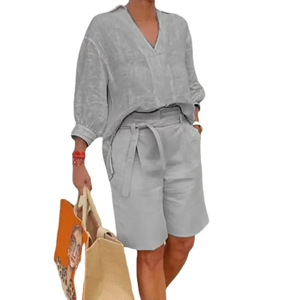 2024 Summer Fashion Plus Size New Matching Collection Women's Shorts Set V-neck Short Sleeves Sports Cotton Linen Two Piece Set