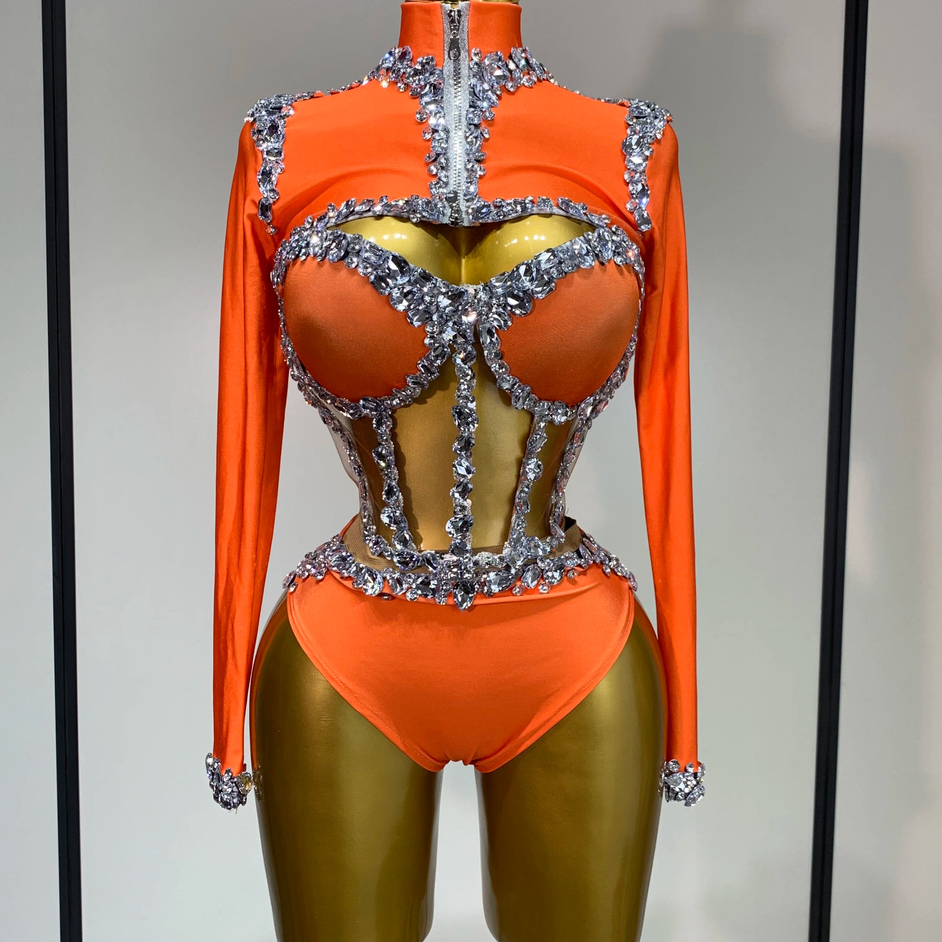 Sparkly Rhinestone Stage Outfit Women Long Sleeve Three Piece Set Dance Drag Queen Nightclub Evening Party Birthday Costume