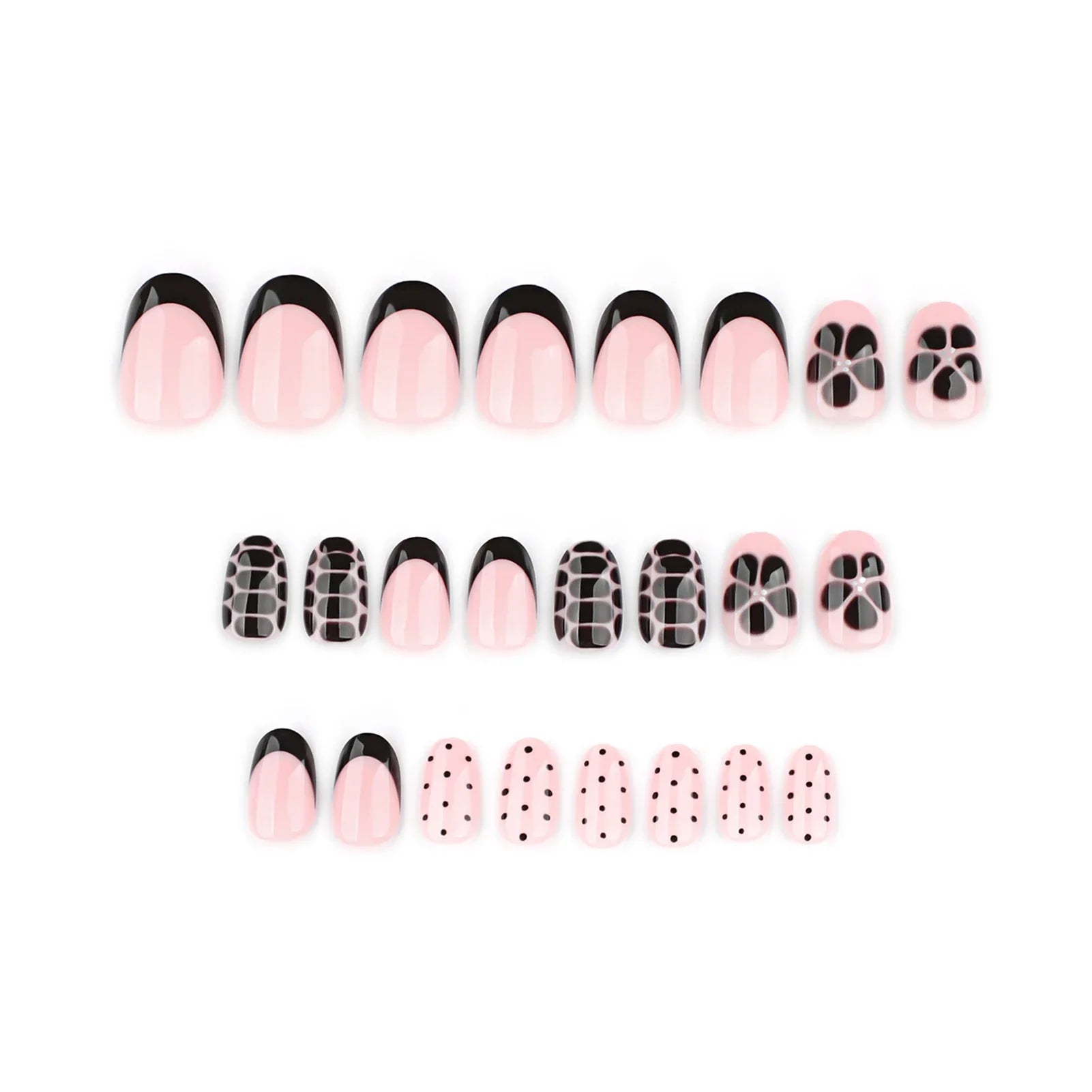 Short Oval Shaped False Nails 24Pcs Black French Press On Nails Flower/Dot Printed Cool Girls Charm Manicure Stick-on Fake Nails