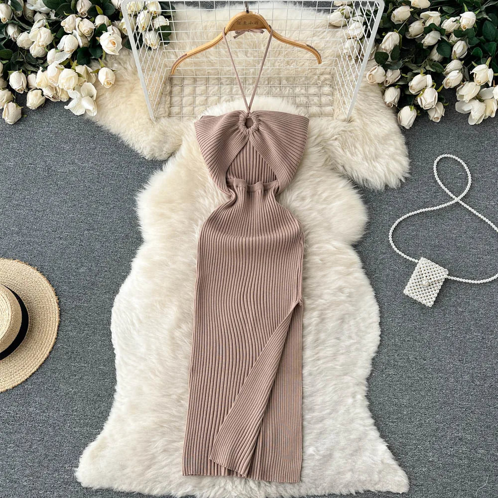 Chic Fashion Sexy Package Hips Split Knitted Summer Dress Women Slim Elastic Bodycon Party Dress Streetwear Outfits Khaki One Size