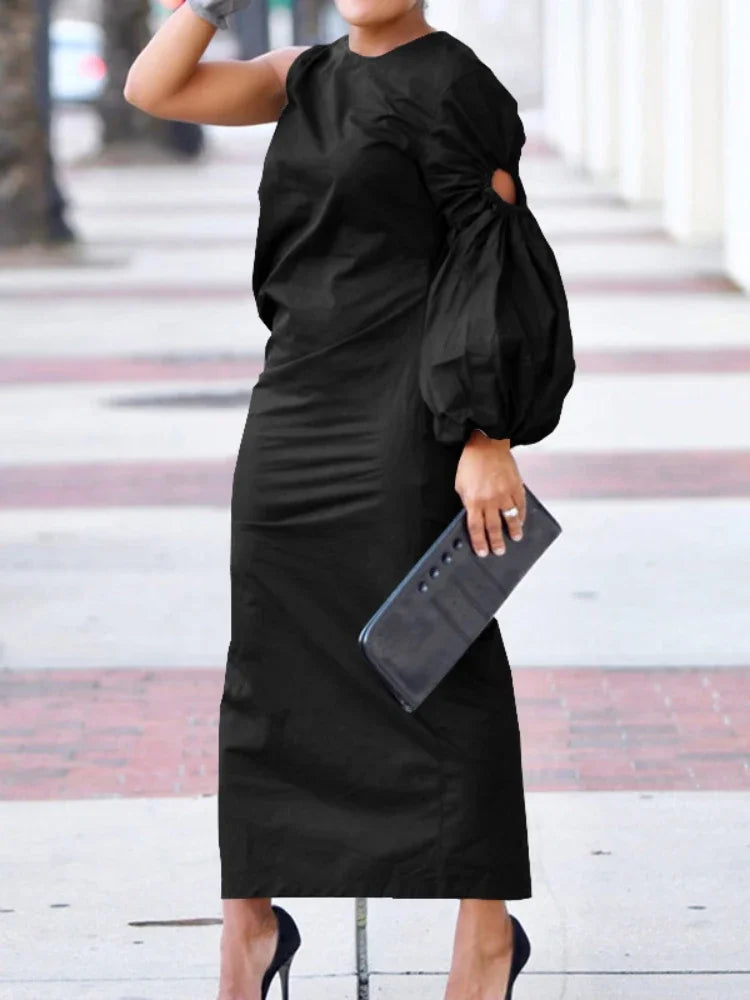 CM.YAYA Women Cutout One Long Sleeve Ruched Side Split Maxi Bodycon Midi Dress 2023 Winter Vintage Sexy Party Dresses Vestidos