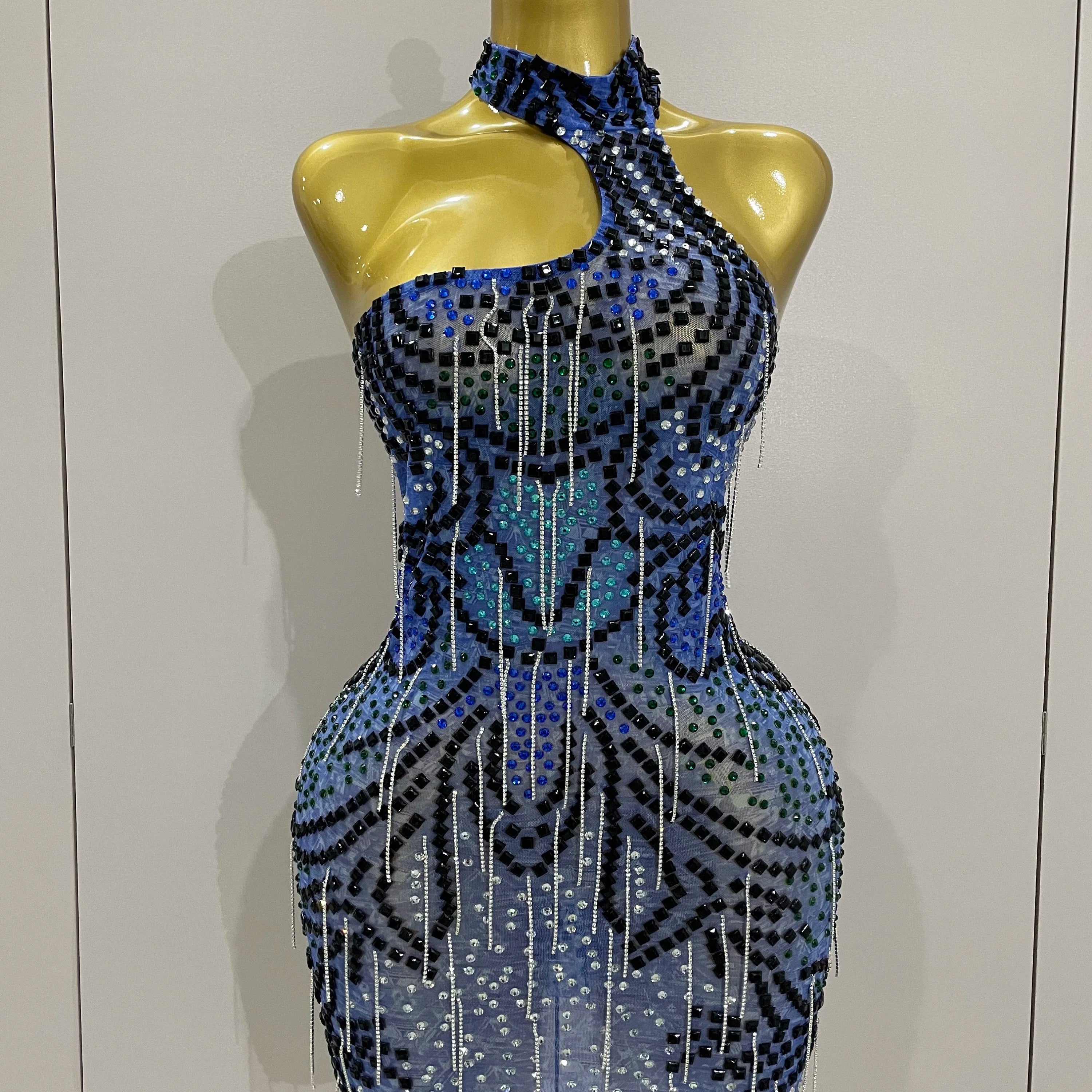 Sexy Sparkly Rhinestones Chains Blue Mesh Short Dress 2025 New Women Party Celebrate Birthday Dresses Photo Shoot Stage Wear