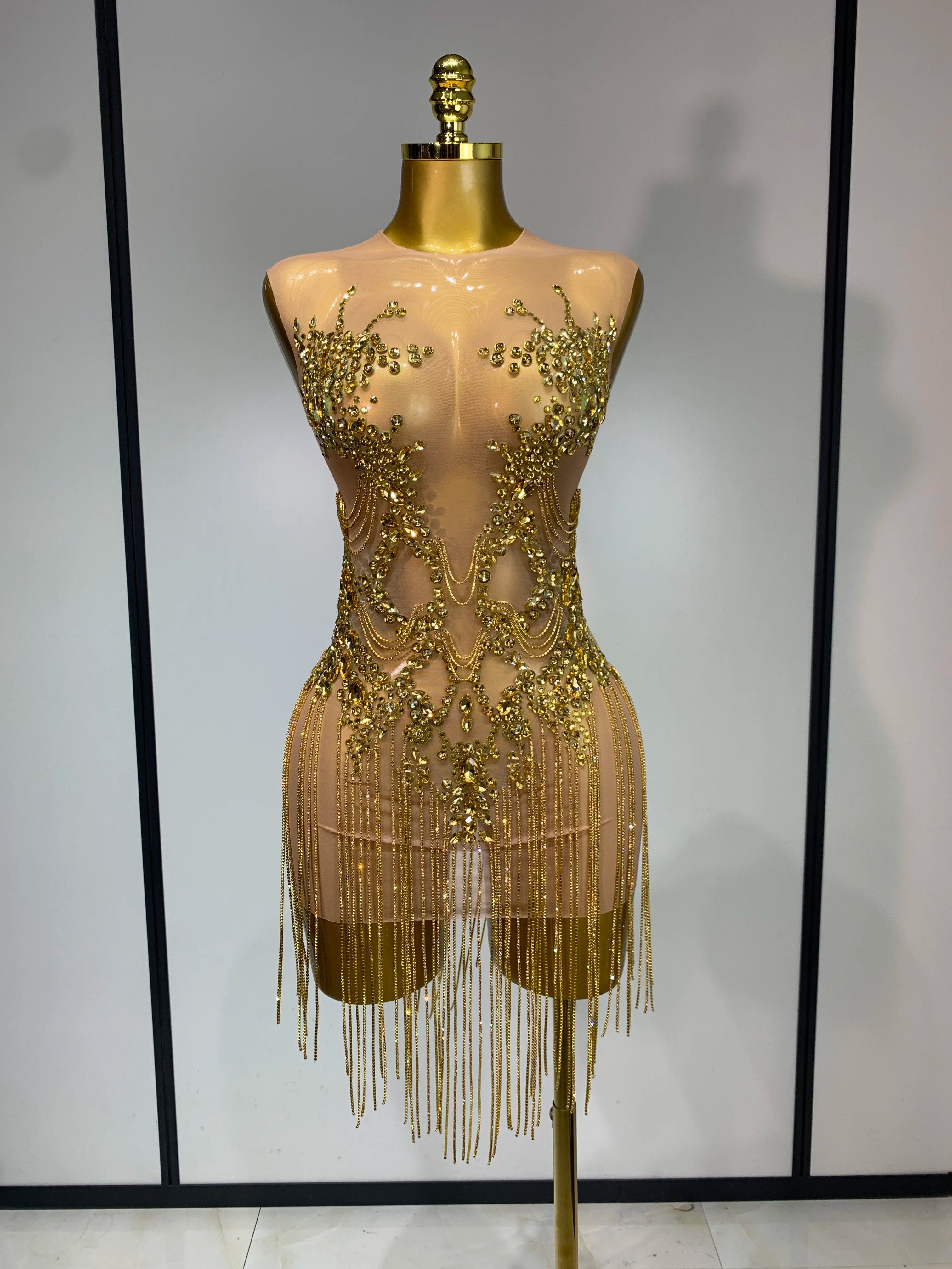 Luxury Rhinestones Chain Sleeveless Mini Dress Celebrity Elegant Sexy Performance Dance Nightclub Outfit Birthday Party Dress