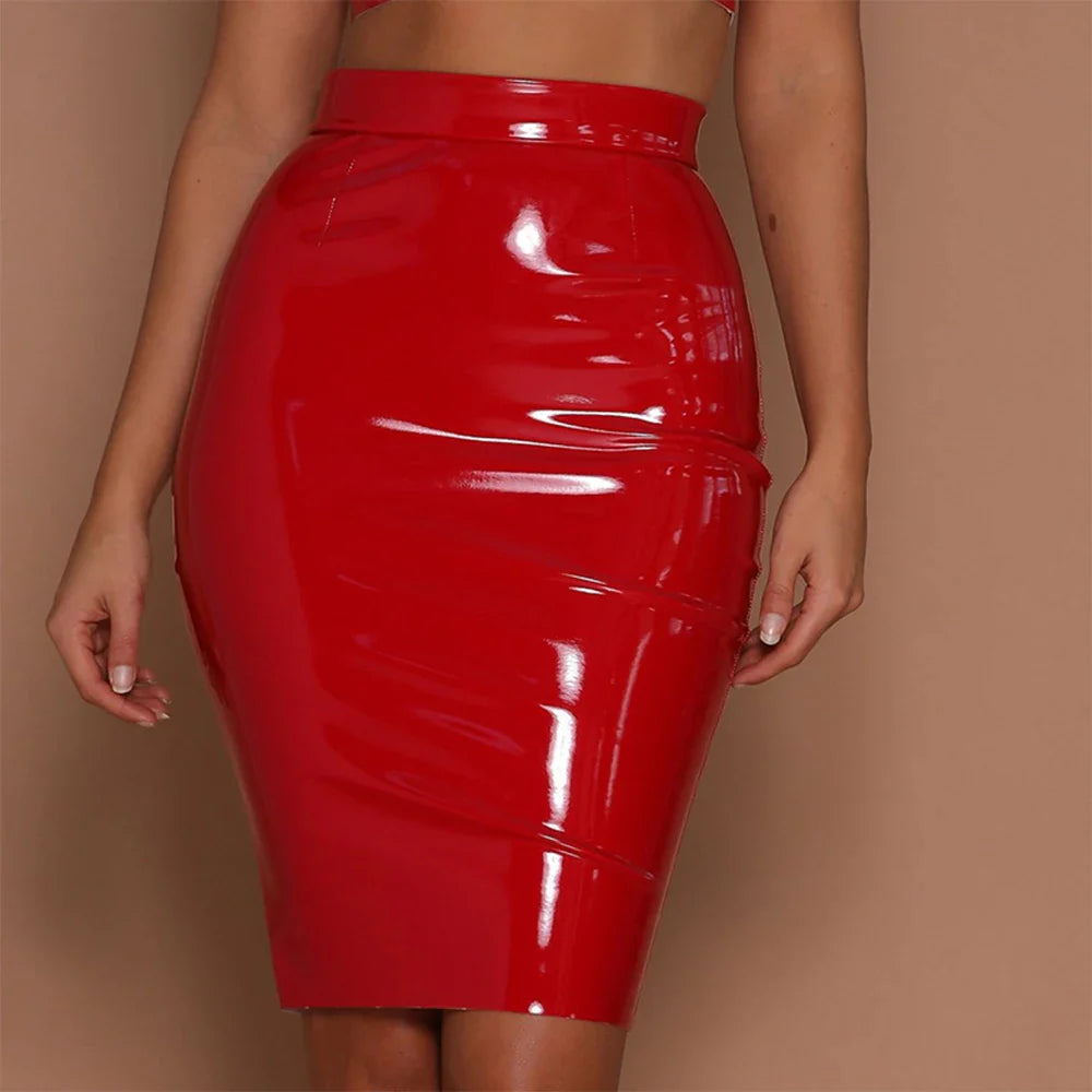 Women PU Leather High Waist Wet Look Bodycon Pencil Midi Skirts Dress Club Party Sexy Lady Outfits Bodycon Wrap Skirt Short Red CHINA