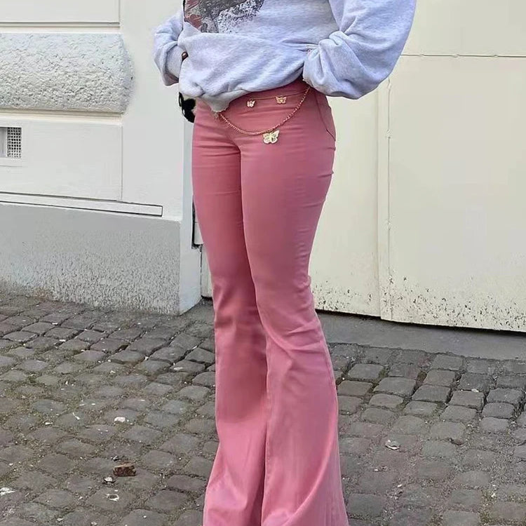 Streetwear Y2k Flared Jeans Women High Waist 90S Fashion Pink Stretch Baggy Mom Jeans Wide Leg Pants Elegant Denim Trousers 2023