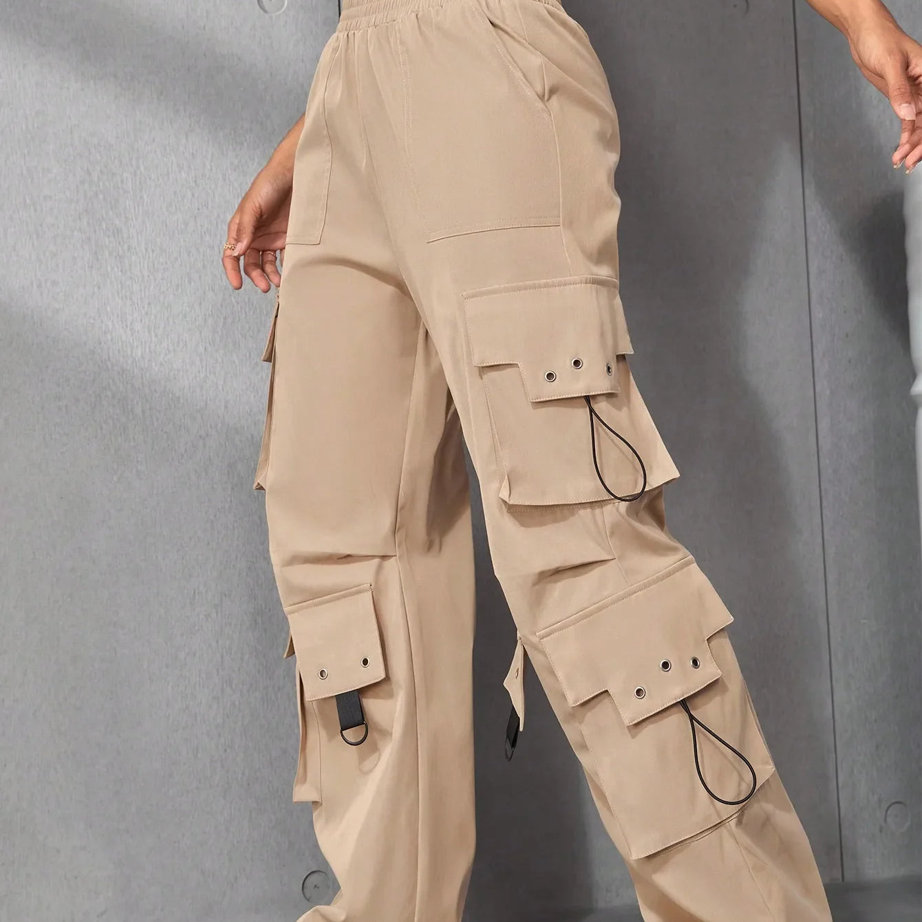 Y2k High Street Trend Hip Pop Flap Pocket Side Solid Color Elastic Waist Loose Straight Cargo Pants Streetwear