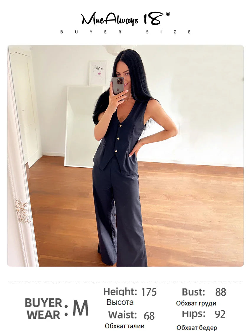 Mnealways18 Ladies Office 2 Pieces Womens Suits Vest Top And Wide Leg Pants Outfits Cotton Linen Summer Fashion Green Sets