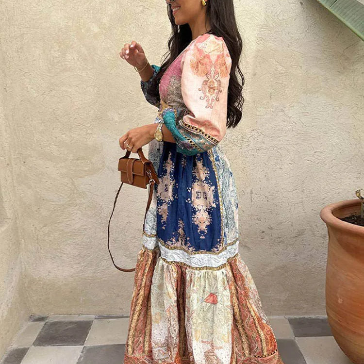 Vintage Women's Patchwork Printed Hollow Out Maxi Dress Fashion V Neck Long Sleeved Loose Dresses New Spring Female Street Robes
