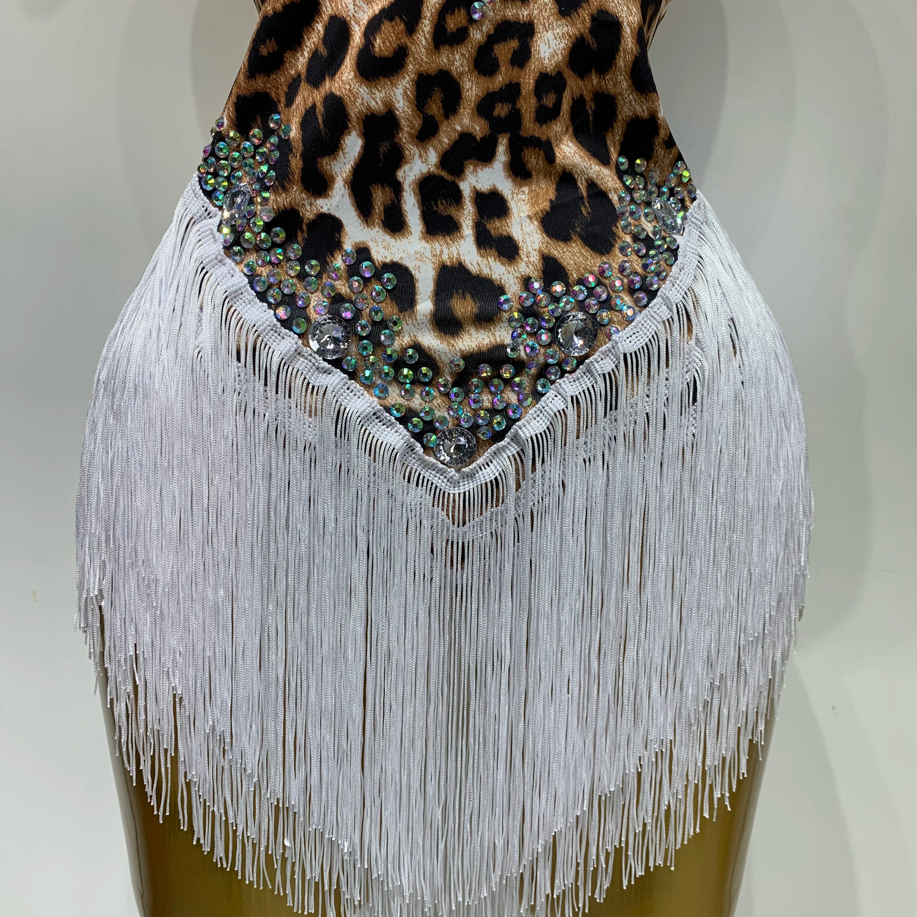 Sexy Backless Sparkly Rhinestones Tassel Leopard Print Bodysuit Performance Dance Costume Singer Dancer Stage Wear Club Outfit