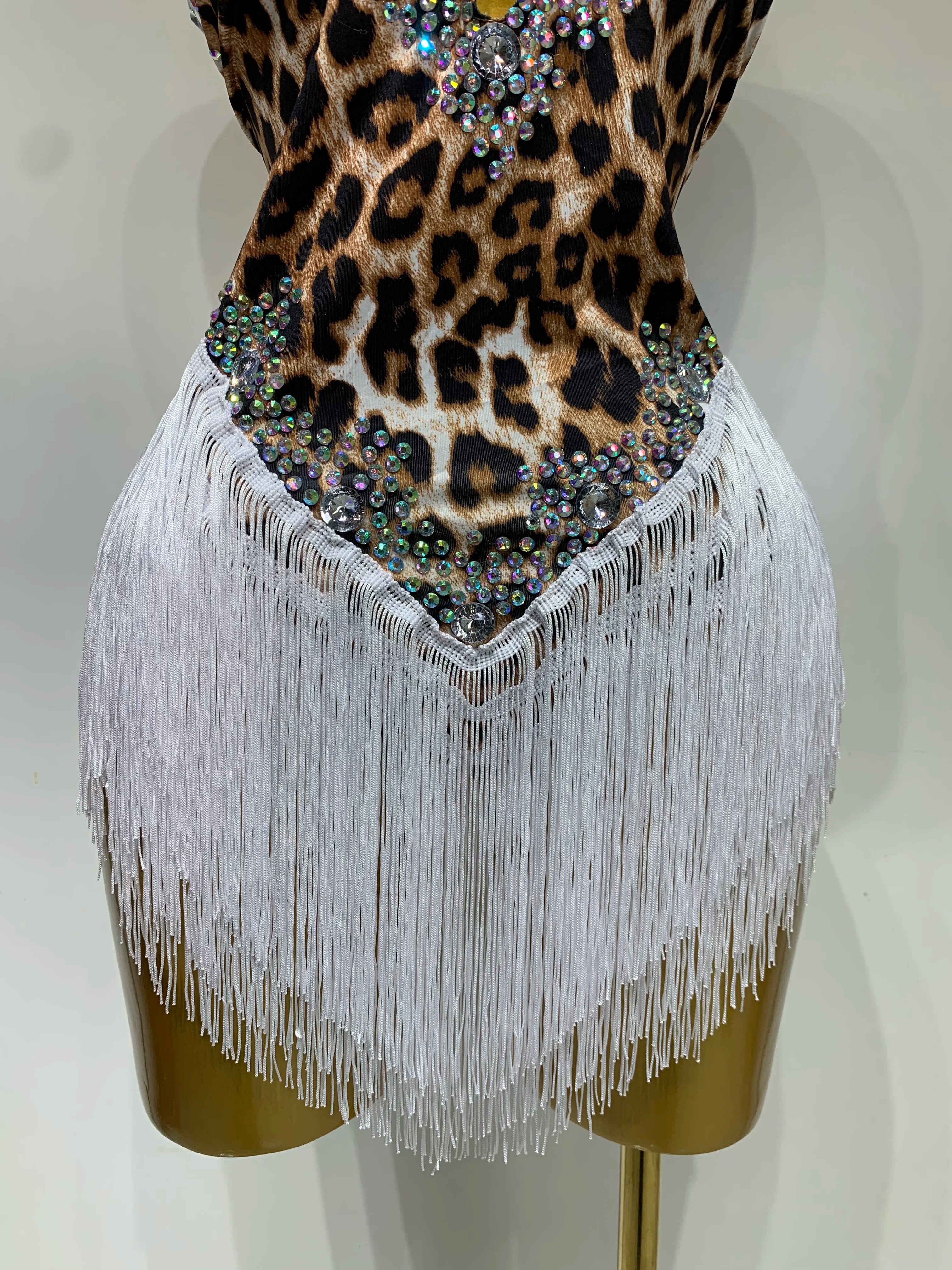 Sexy Backless Sparkly Rhinestones Tassel Leopard Print Bodysuit Performance Dance Costume Singer Dancer Stage Wear Club Outfit