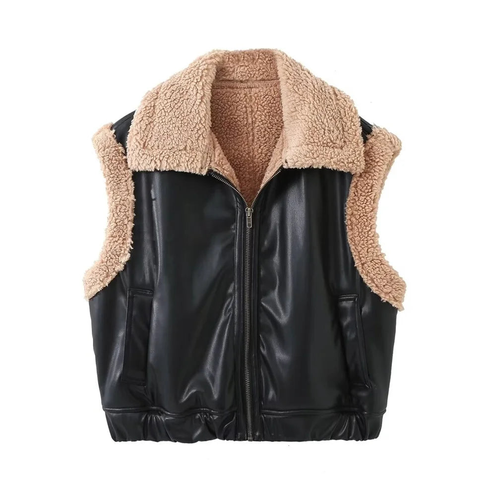 Winter Women's Fashion European and American Style Versatile Shirt Collar Sleeveless Short Double sided Pilot V black