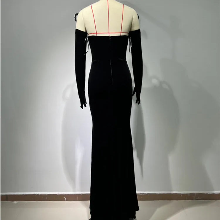 Women Long Sleeve With Gloves Off the Shoulder Floor-Length Dress Elegant Evening Party Prom Dress Vestido