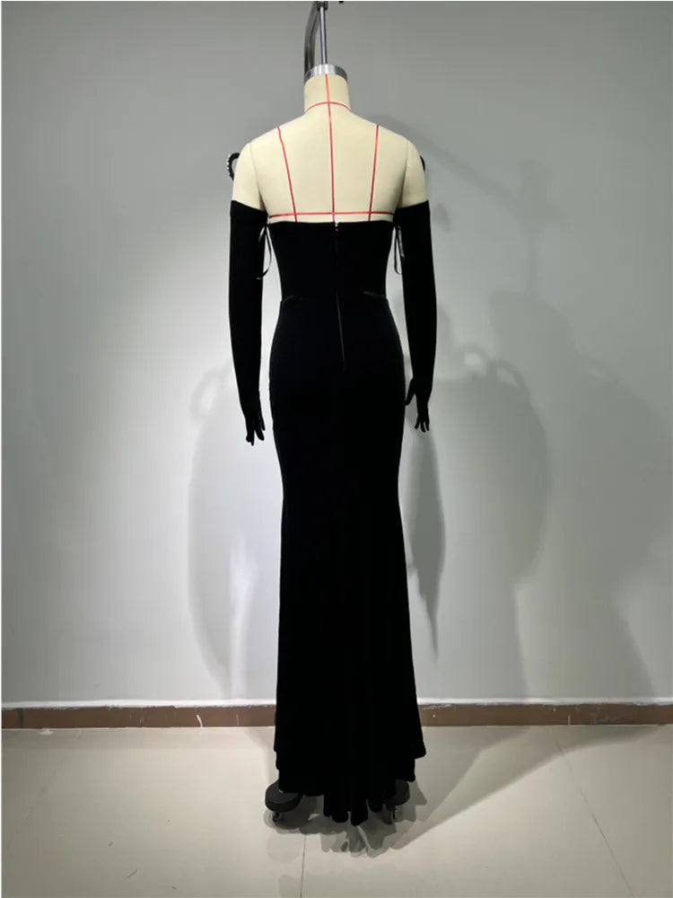 Women Long Sleeve With Gloves Off the Shoulder Floor-Length Dress Elegant Evening Party Prom Dress Vestido