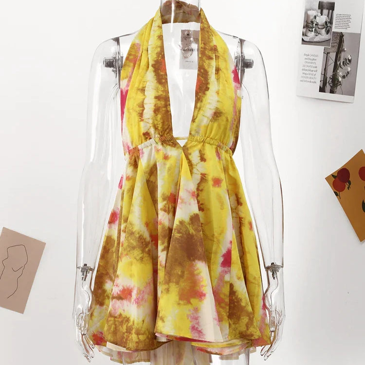 Floral Printed Beach Dress Women Mini Sexy Deep V-neck Backless Halter Female Dresses Summer Vacation Sleeveless Short Robe