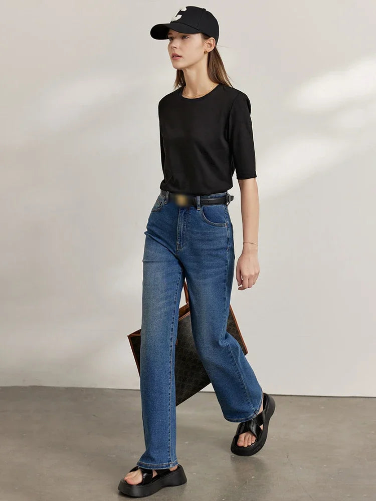 Minimalism Autumn Jeans For Women Straight Trousers Cotton Denim High Waist Wide Leg Casual Loose Pants
