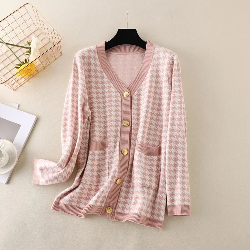 Houndstooth Cardigans Long Sleeve Sweater Women Autumn Winter Clothes Open Stitch Female Outwear Streetwear Knitted Cardigan pink One Size