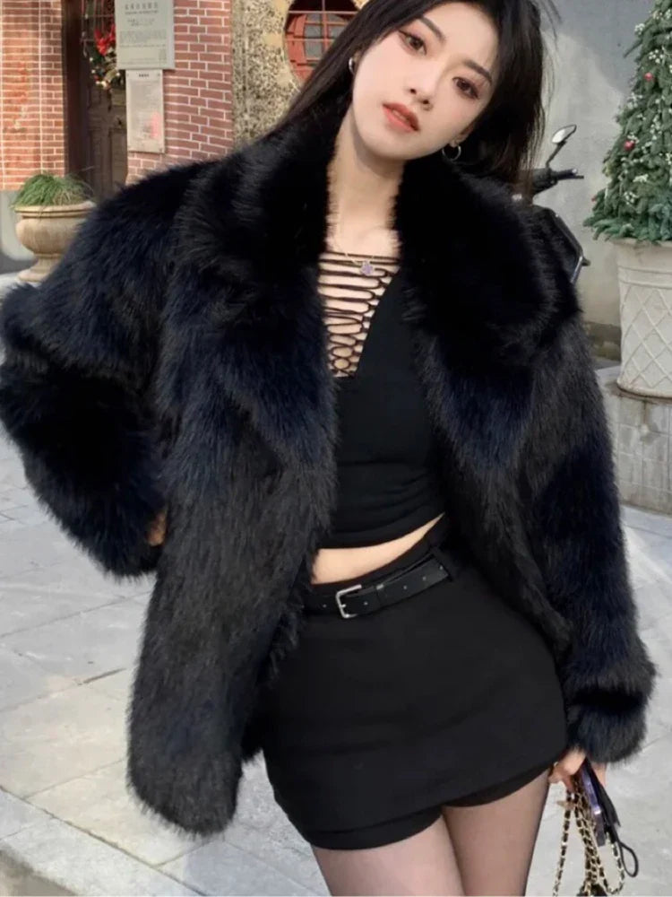 Lautaro Winter Loose Casual Thick Warm Soft Hairy Faux Fur Coat Women Luxury High Quality Furry Fluffy Jacket Korean Fashion Black