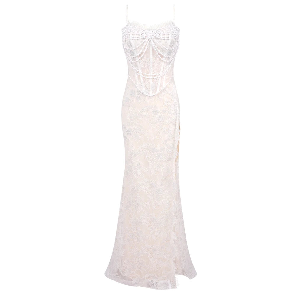 VC Pearls Embellished Mermaid Long Dres Spagetiee Straps Side Split Lace Appliques Sleeveless Party Evening Bridal Wedding Gown