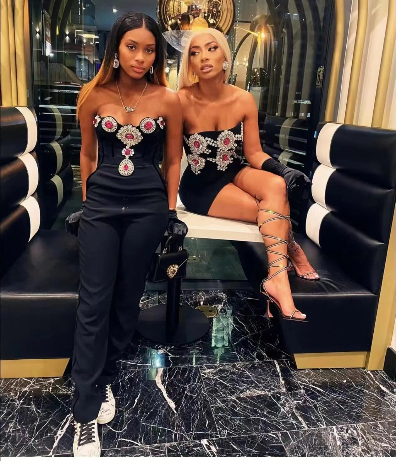 Fashion Celebrate Sparkly Crystals Women Sexy Strapless Bodycon Bandage Jumpsuit Runway Nightclub Party Wear Wholesale