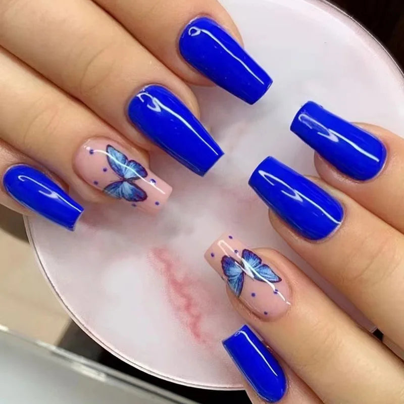 24 pcs long ballet-shaped French butterfly powder nails +1 nail glue +1 nail file
