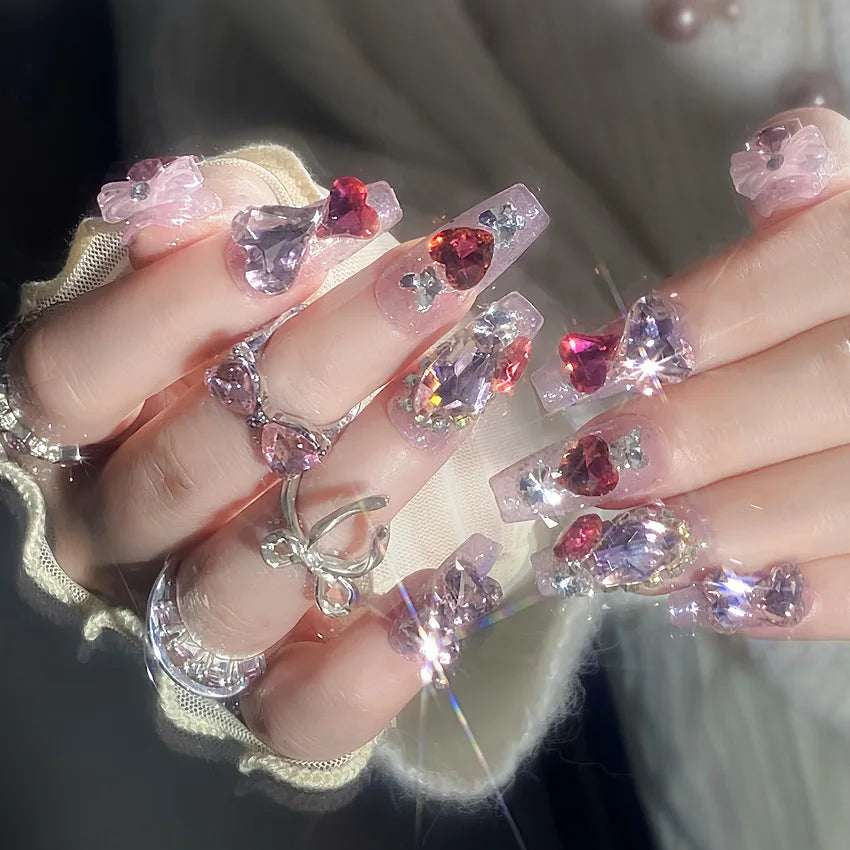 24pcs Love Crystal Decor Press on Nails Pink Bow Design Fake Nail Tips Bride Wedding Wearable Shiny Coffin Head Fake Nails