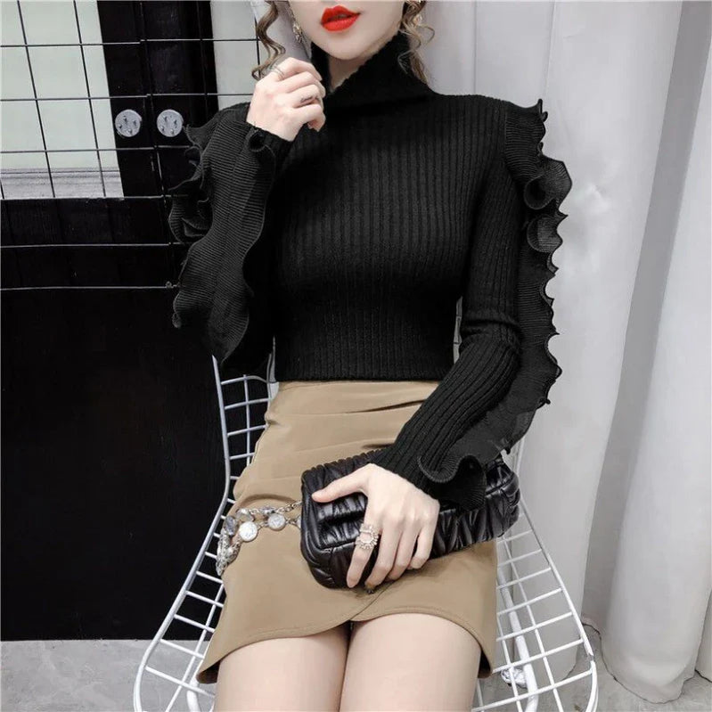 Turtleneck Knitted Ruffles Top For Autumn Winter New Off Shoulder Slim Long Sleeved Base Sweater Korean Fashion Woman Clothes Black