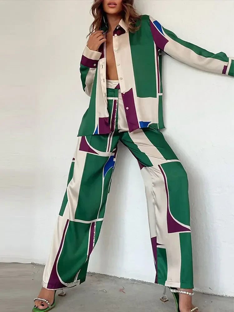 QNPQYX Fashion Printed Long Sleeve Shirt 2 Piece Set Women Loose Turndown Collar Tops Suits Female Casual Straight Pants Outfis
