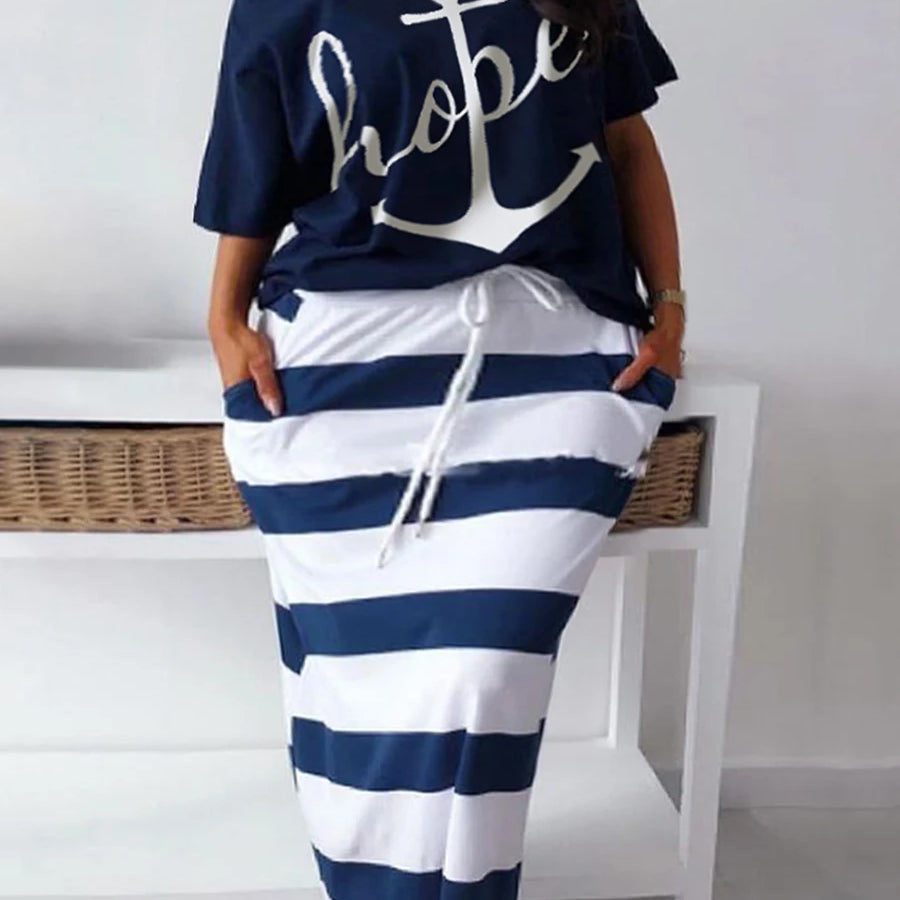 LW Plus Size matching sets Two Piece dress sets Letter Print Striped Skirt Set Fashion Casual Summer Tops+Bottoms Matching Outfi