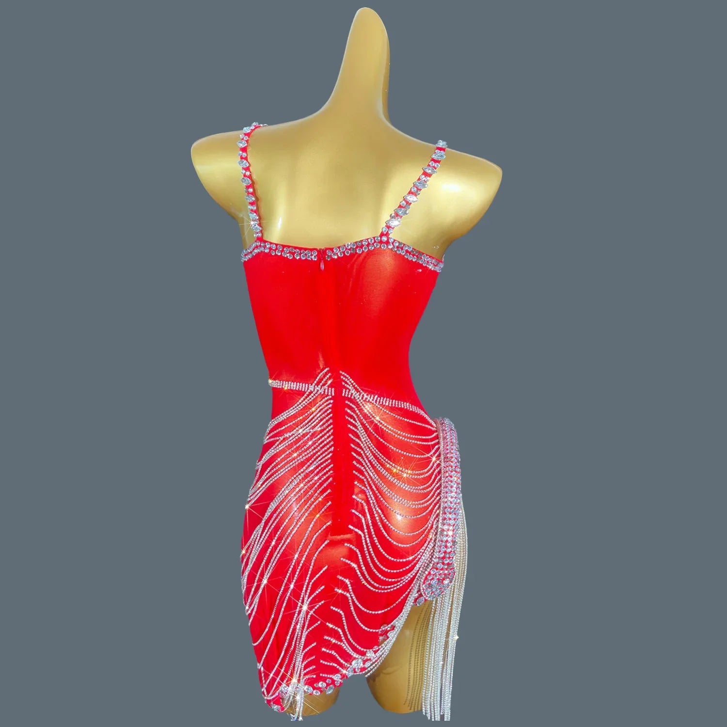 Women Shiny Red Crystal Chain Diamonds Dress Elastic Sexy Mini Night Club Performance Costume Birthday Party Dress Tassel Liehu