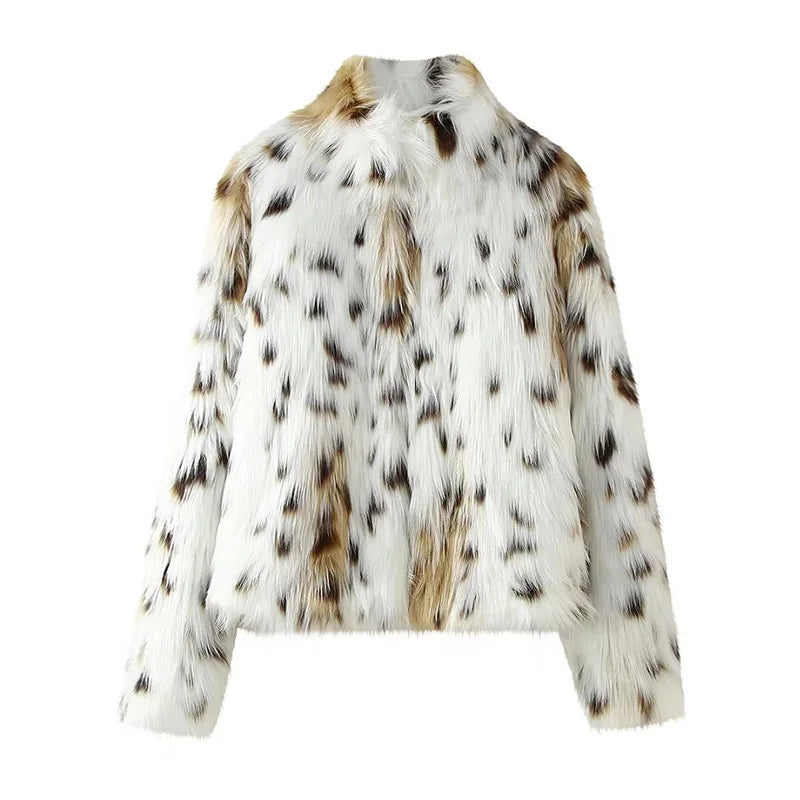 Leopard Faux Fur Coat Women Short Autumn Winter Plush Stand Collar Panelled Jacket Female Warm Stylish Outerwears Lady Casual Leopard