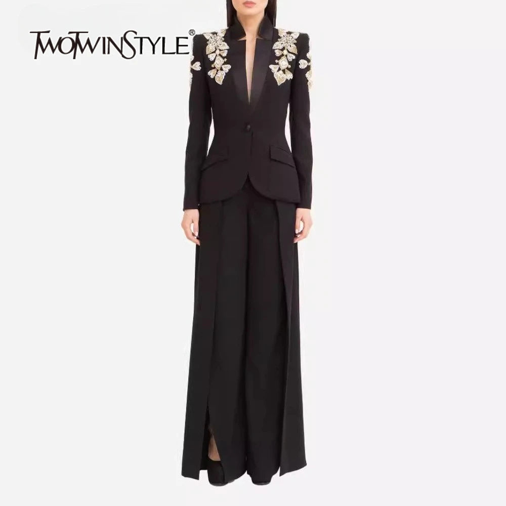 TWOTWINSTYLE Slimming Two Piece Sets for Women V Neck Long Sleeves Spliced Appliques Top High Waist Wide Leg Pant Set Female New