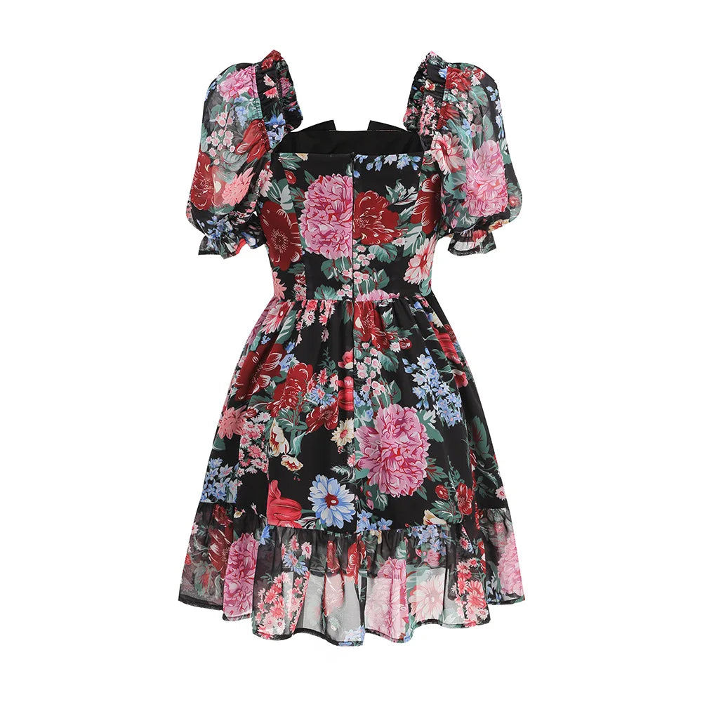 Women Short Sleeve Square Collar Ball Gown Mini Dress Print Color Celebrate Girls's Vacation Celebrate Birthday Outfit