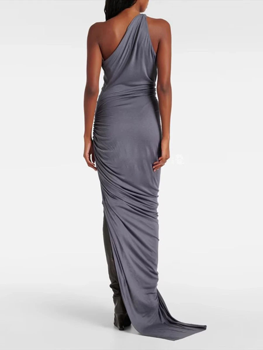 TWOTWINSTYLE Solid Slimming Spliced Folds Irregular Dresses for Women Diagonal Collar Sleeveless Split Dress Femlae Clothing New