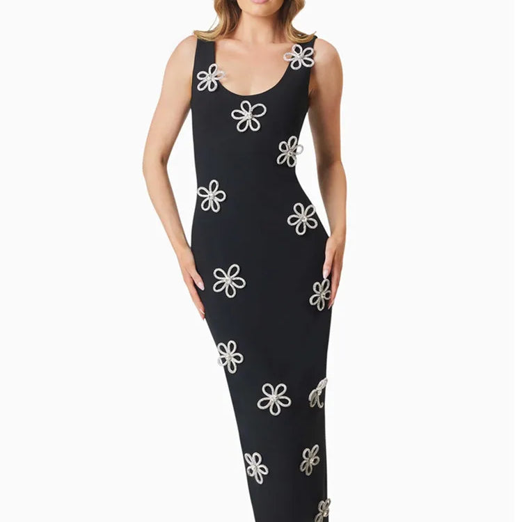 Women Celebrity Sexy Tank Sleeveless Diamonds Black Ankle Length Bodycon Bandage Dress 2025 Elegant Evening Club Party Outfit