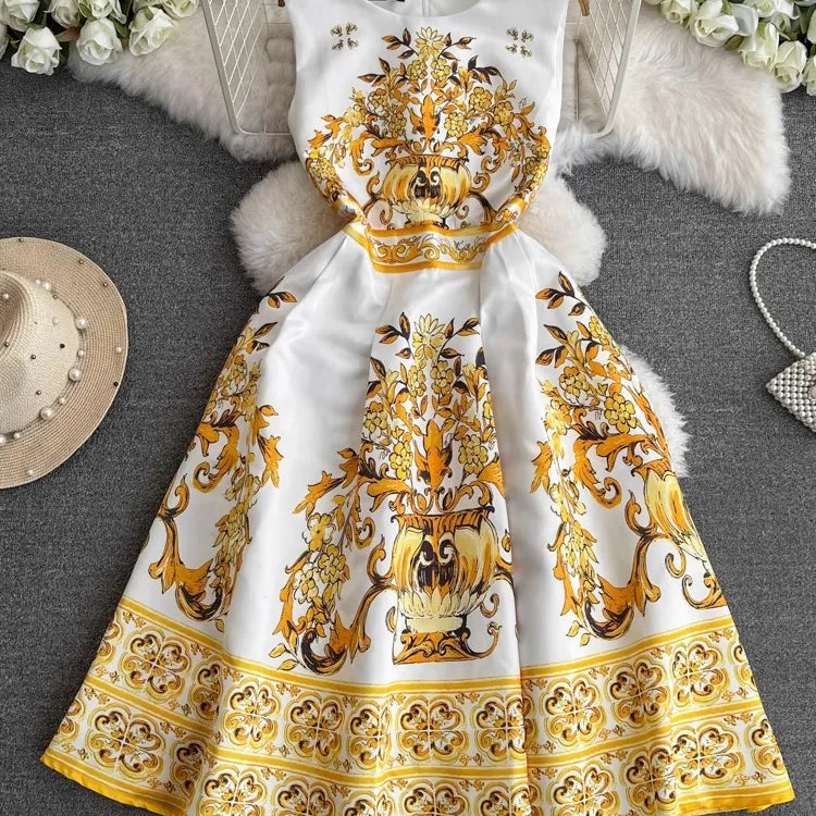 Summer Vintage Blue And White Porcelain Dresses Women's Sleeveless O Neck Tank Flower Print Vest Midi Long Party Vestidos