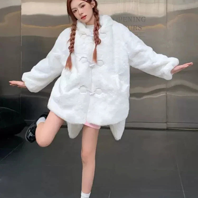 Winter Oversized Warm White Faux Fur Coat Women ith Bunny Ears Kawaii Sweet Cute Japanese Style Fluffy Jacket Hoodie
