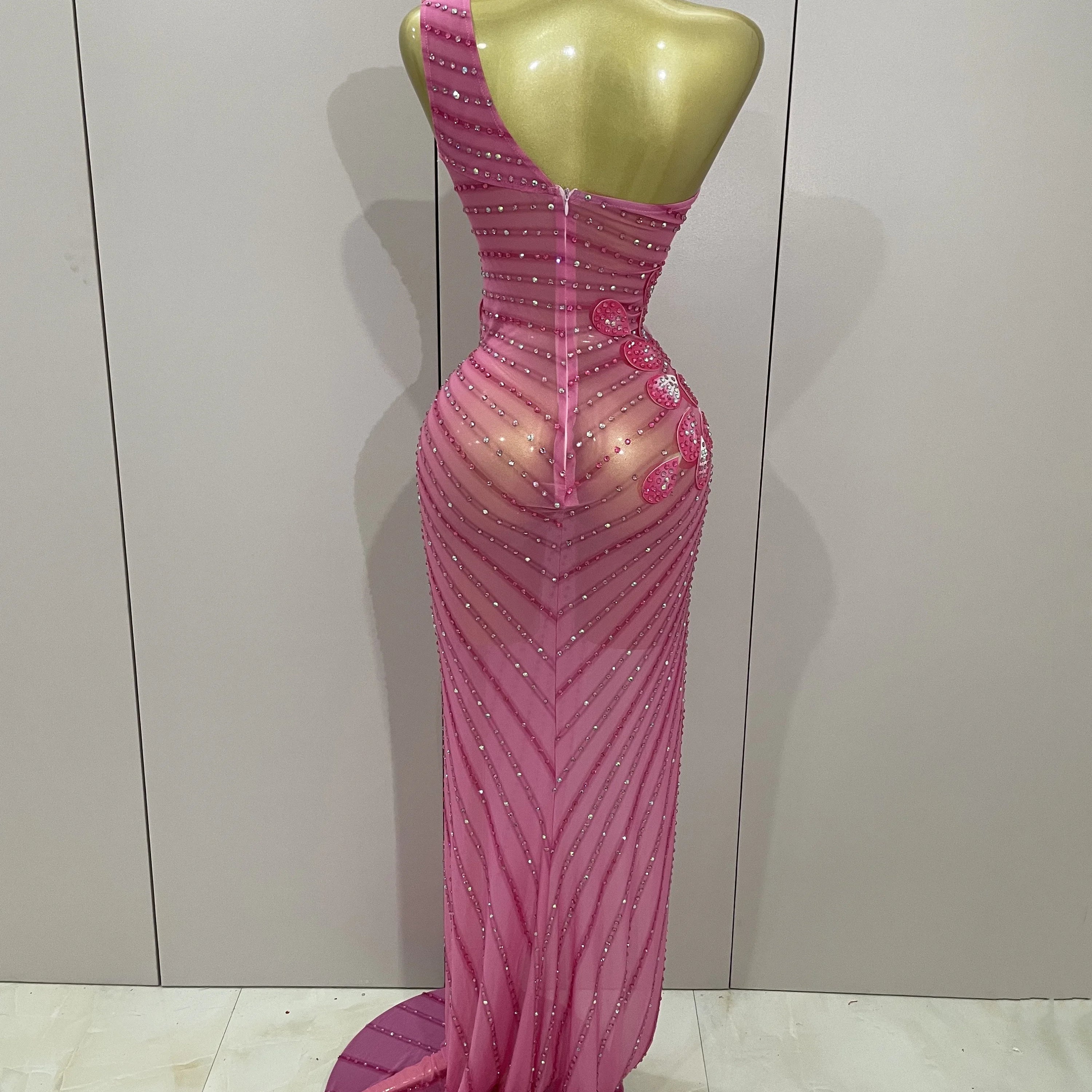 Luxury Shinning Rhinestones Flowers Sexy One Shoulder Bodycon Maxi Long Dress 2025 Women Evening Birthday Party Stage Costume