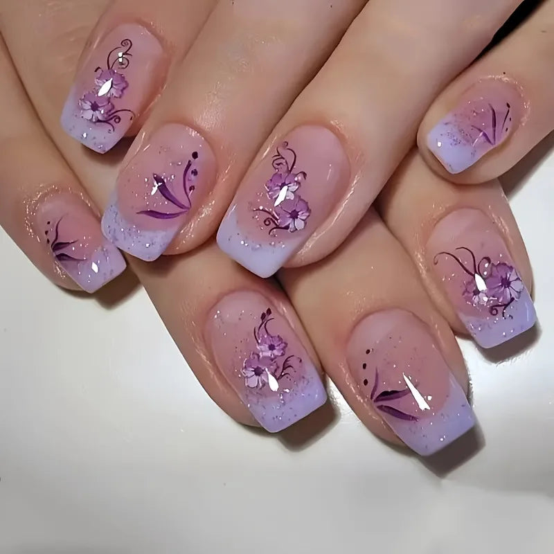 24Pcs Fake Nails with Romantic Blue Flowers Design Short Square False Nails Glitter Full Cover Nail Tips Wearable Press on Nails