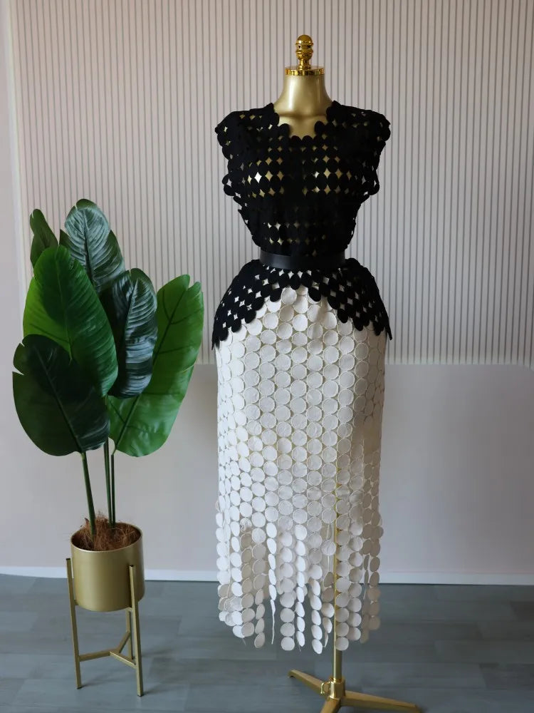 CM.YAYA Women Cutout O-neck Crop Top and Bodycon Midi Slim Maxi Long Skirt Suit 2025 Summer Vacation Sexy Two 2Piece Set Outfits black-Apricot-belt One Size