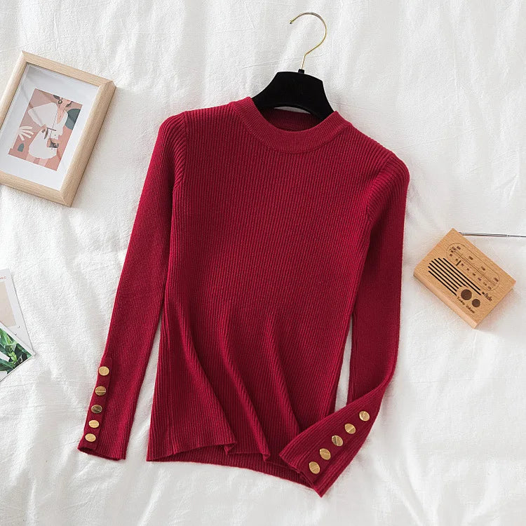 Thick Sweater Pullovers Long Sleeve Tops Women Autumn Winter Clothes Slim Knit Soft Jumper Streetwear Button Turtleneck Sweater burgundy-2 One Size