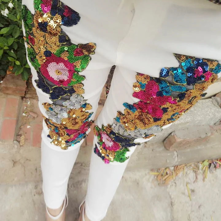 Spring and Summer Women's Sequins White Denim Pants Slim All-match Basic Pencil Student Stretch Jeans Daily Street Trousers WHITE