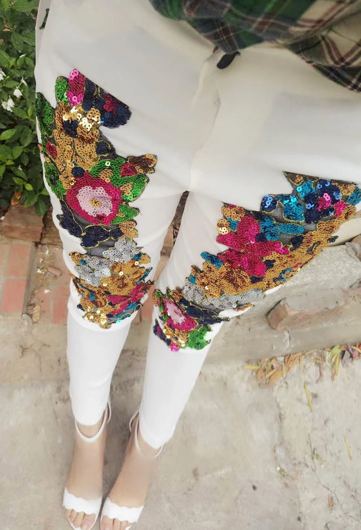 Spring and Summer Women's Sequins White Denim Pants Slim All-match Basic Pencil Student Stretch Jeans Daily Street Trousers WHITE