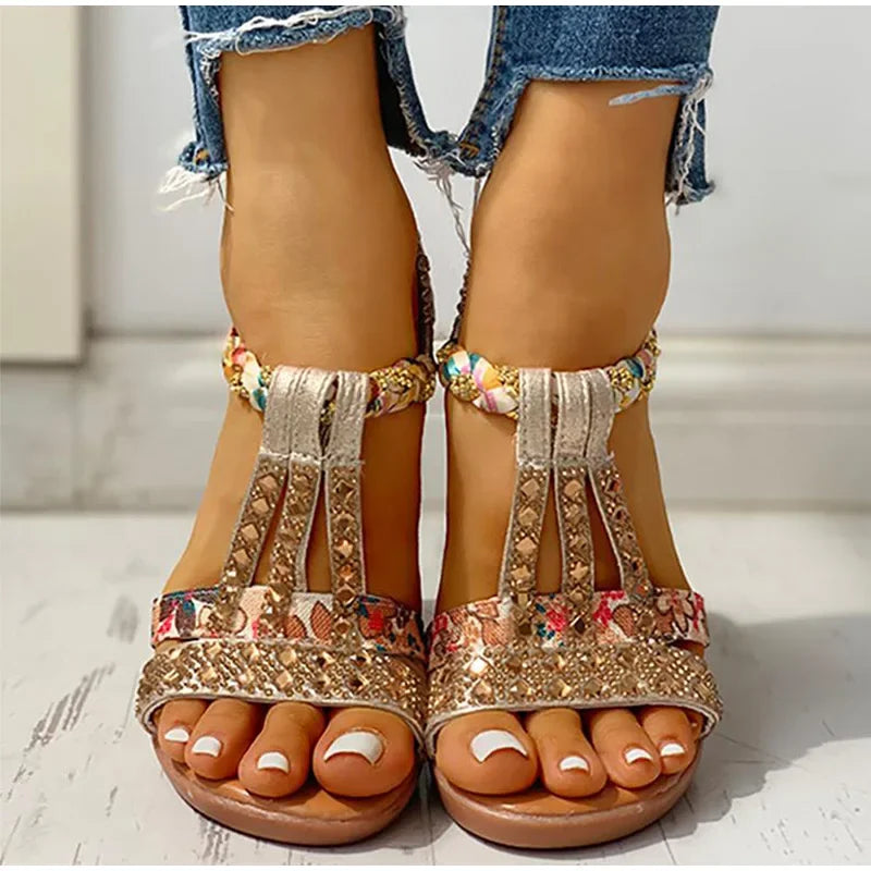 Women's Sandals Summer Bohemia Platform Wedges Shoes Crystal Gladiator Rome Woman Beach Shoes Casual Elastic Band Female Gold