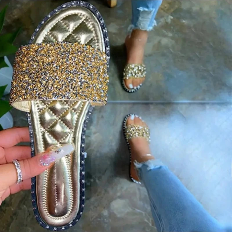 Women Crystal Slippers Ladies Bling Flats Female Fashion Outdoor Beach Shoes Female Footwear Women Summer Slides Plus Size