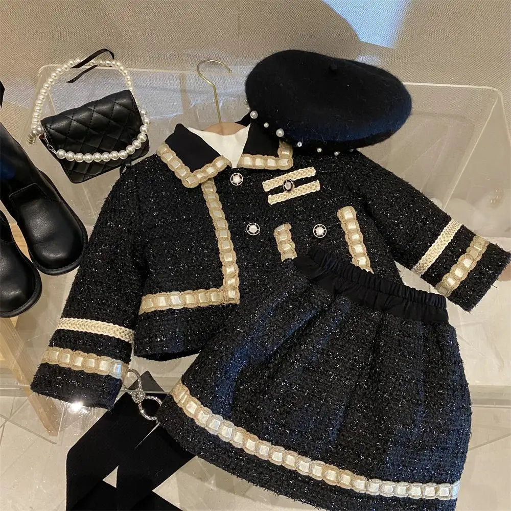 Girl 2 Piece Tweed Set Winter Suit Clothes for 1-10Years Children's Cotton Padded Jacket Coat+Skirt Kids Classic Outfits