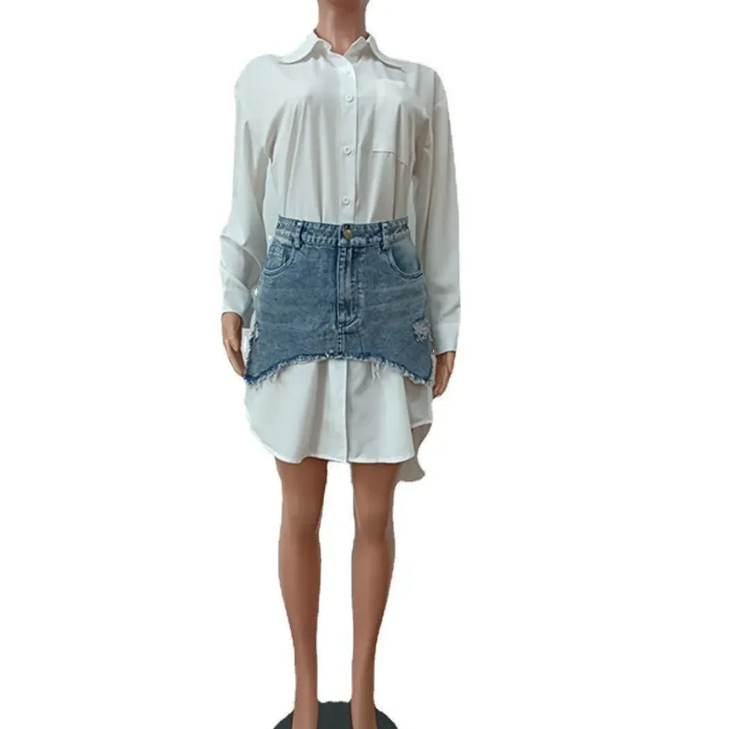 CM.YAYA Vintage Women Long Sleeve Turn-down Collar Shirt Blouse Style Dress with Denim Jean Irregular Mini Skirt Two 2 Piece Set
