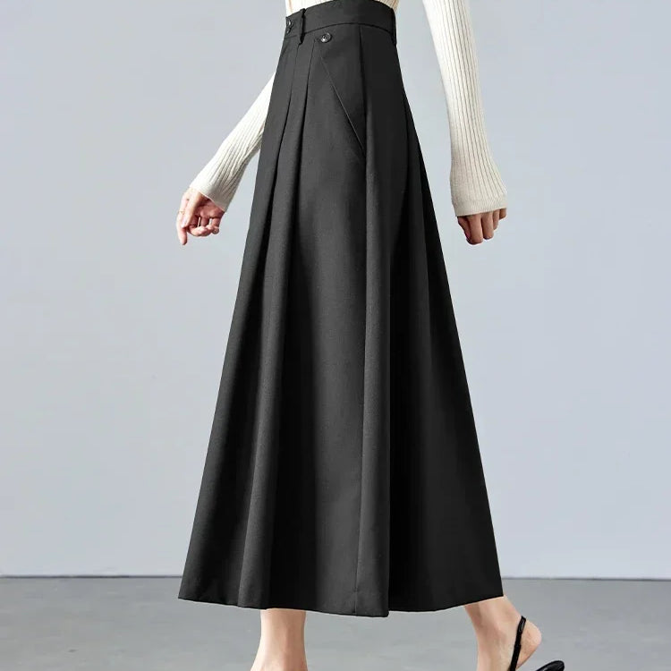 Vimly High Waist Swing Maxi Skirt for Women Spring Solid Elegant Office Lady Khaki A-line Long Skirts Womans Clothing M2689 Black